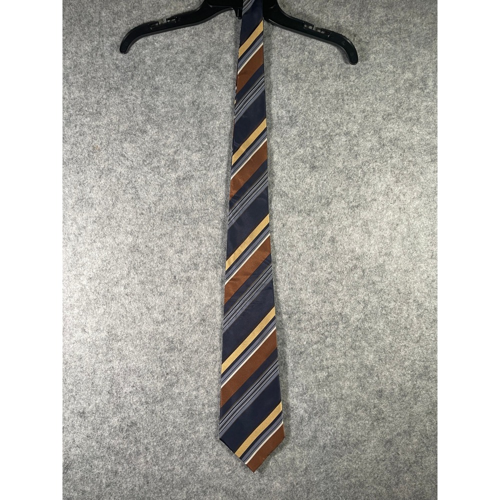 Geoffrey Beene Mens Silk Necktie Navy Blue Copper Brown Gold Striped Formal Tie